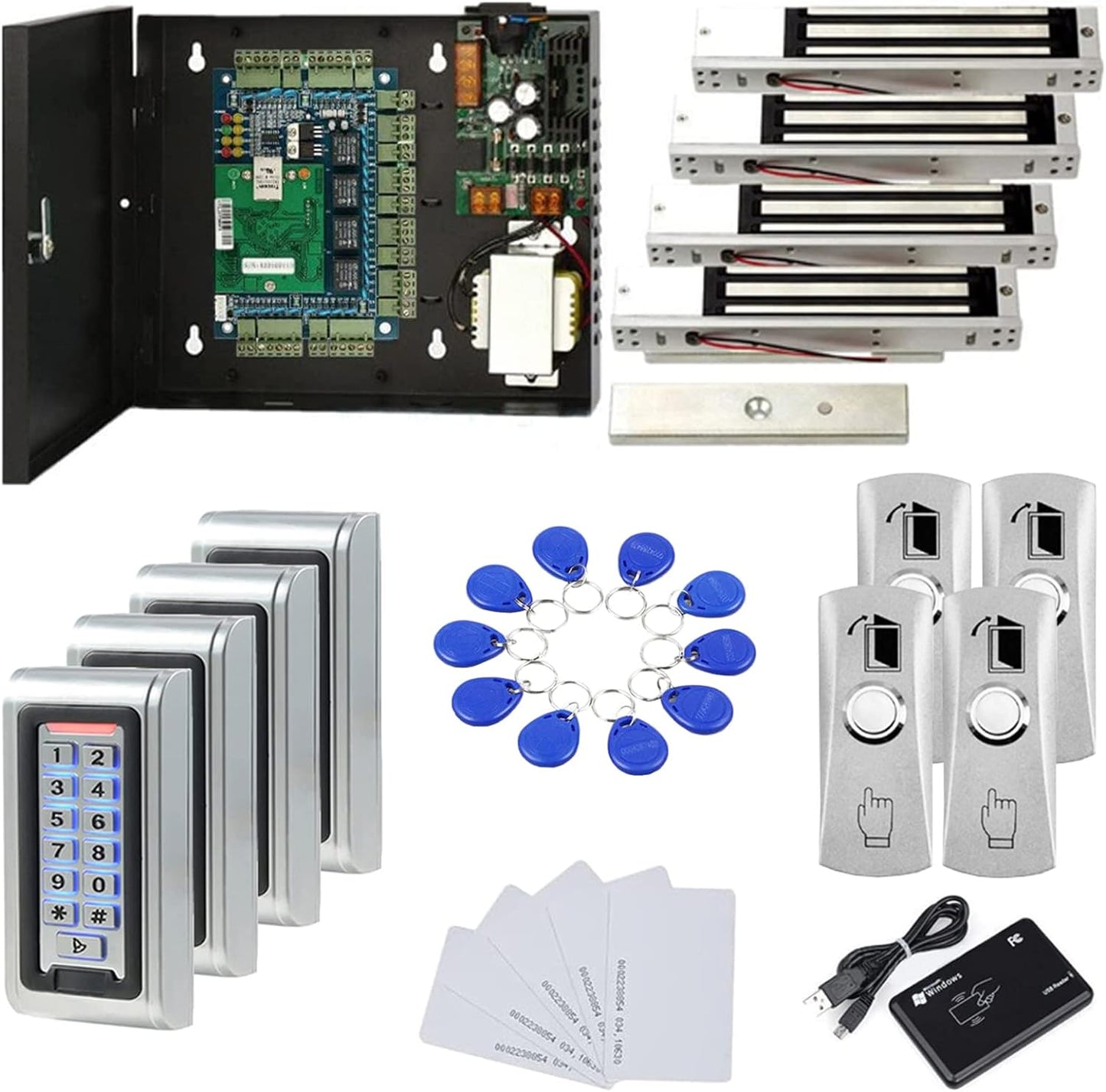 4 Door Access Control System Kit w/ Maglocks and Keypads and Fobs